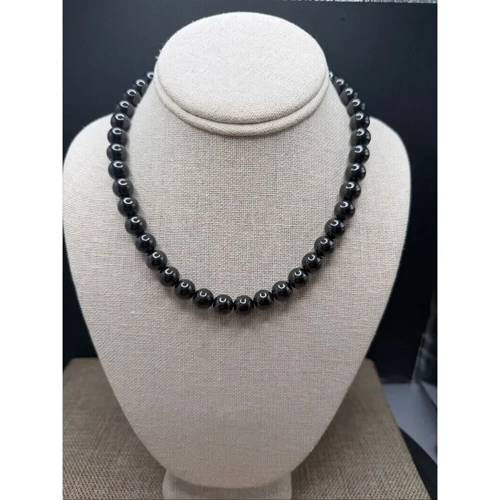 Classic Black Glass Bead Necklace with Sterling Silver Clasp